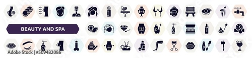 beauty and spa filled icons set. glyph icons such as curl, hairdresser, glowing skin, lemon slice, cleansing, lip, spray bottle, skin care, eyelashes curler icon.