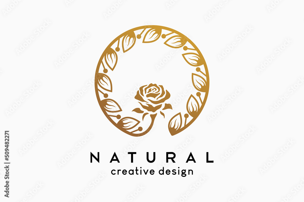 Simple and elegant feminine logo for beauty business, flowers and leaves in circle with beautiful frame concept Simple and elegant feminine logo for beauty business, flowers and leaves in circle with beautiful frame concept
