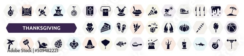 thanksgiving filled icons set. glyph icons such as cider, bible, pictures, toad, prayer, coconut tree, snails, pirim, dead tree icon. photo