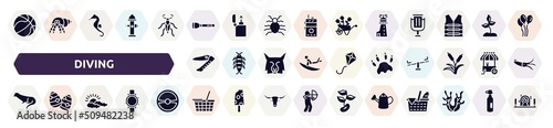 diving filled icons set. glyph icons such as basketball ball, torch, lighthouse, swiss army knife, paw print, otter, cloudy, food basket, watering can icon.