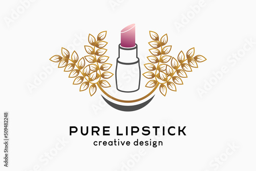 A simple and elegant feminine logo for makeup or cosmetics, lipstick with leaves combined with a smiley lips icon