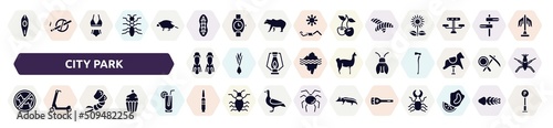 city park filled icons set. glyph icons such as canoe, plankton, chrysalid, flippers, cicada, forbidden, shrimp, bullets, flashlight icon. photo