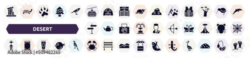 desert filled icons set. glyph icons such as relics, cable car, vaccine, direction, archery, guard, sun cream, crab, lizard icon.