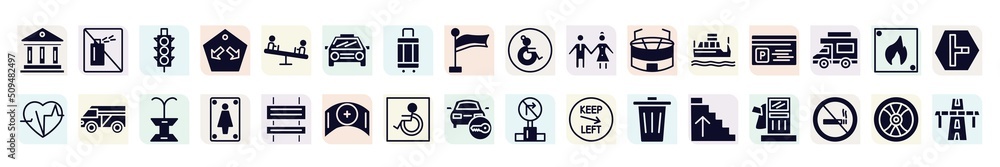 signals set filled icons set. glyph icons such as museum, semaphore traffic lights, car frontal view, girl and boy, parking card, minivan taxi, women toilet, handicapped, ascending stairs