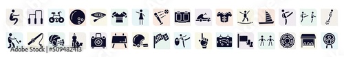 x treme filled icons set. glyph icons such as squat, mountain bike, armour, go kart, catamaran, fishing line, food and drink, rugby helmet, red flag icon.