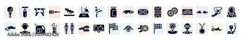 thai boxing filled icons set. glyph icons such as tee, hurdle, rugby goal, arena, backup car, waterpolo player, golf caddy, telemetry, rugby player icon.