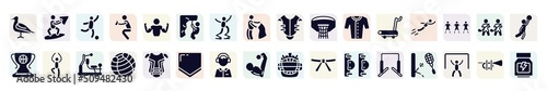 sport fitness filled icons set. glyph icons such as seagulls, soccer game, abseiling, basketball hoop, free flying, yoga pose, fitness ball, sport commentor, horizontal bars icon.