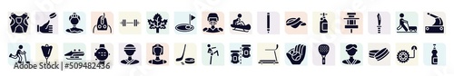 sports filled icons set. glyph icons such as protector, gymnast, m leaf, glowstick, paddock, lift bag, dive computer, puck, padel icon.