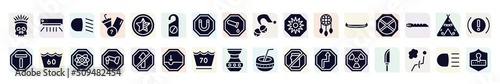 safety filled icons set. glyph icons such as native american skull, low beam, do not disturbe, uv ray warning, no waiting, 60 degrees medium agitation, camera, 70 degrees, radiactive icon.