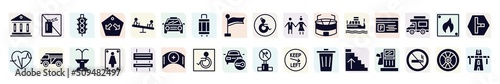 signals set filled icons set. glyph icons such as museum, semaphore traffic lights, car frontal view, girl and boy, parking card, minivan taxi, women toilet, handicapped, ascending stairs