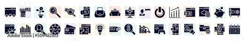 marketing and seo filled icons set. glyph icons such as page quality, money flower, eticket, user review, rating stars, seven bars chart, krone circular, light modern lamp tool, mobile marketing,