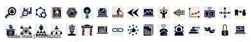 advertising filled icons set. glyph icons such as headhunting, configuration, black lightbulb, graph notebook, line graph, employing, org, online graph, power icon.