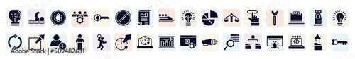 business pack filled icons set. glyph icons such as lightbulb gross, function, banned, diagrams, key tool, external, person shape, circular clock, diagram folder icon.
