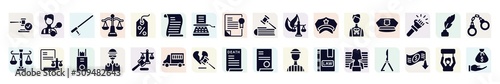 law and justice filled icons set. glyph icons such as veredict, baton, scroll with law, environmental law, police cap, corporative , divorce, prisoner icon.
