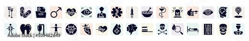health set filled icons set. glyph icons such as health crutches, medical results folders, eye scanner medical, phary, hurted finger with bandage, teeth, women, heart beats lifeline in a heart,