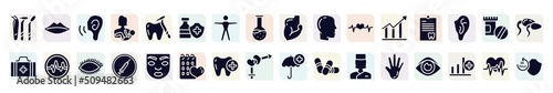 medicine and health filled icons set. glyph icons such as dentist tools  ear increase audio  immunity drugs  male with bald hair side view  note on a clipboard  lifeline of heartbeat in a circle 