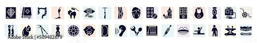 dentist filled icons set. glyph icons such as x rays, intestine, contact lens, antibiotic, baby bib, type b, talcum powder, bedpan, sil icon.