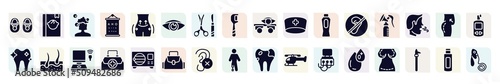 medical instruments filled icons set. glyph icons such as baby shoes, hair wash, eyesight, doctor cap, breast pump, epidermis, doctor briefcase, impaired, type 0 icon.