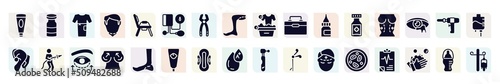 medicine filled icons set. glyph icons such as facial foam, patient robe, tonometer, organ container, plastic surgery, fireman, boobs, sanitary napkin, microscopic icon.