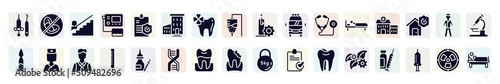 health filled icons set. glyph icons such as dentist tools, mechanical stairs going down, hospital with three floors, frontal ambulance, health center, nurses, thermometer reading temperature,