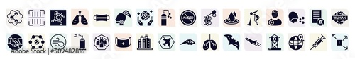 filled icons set. glyph icons such as social, pandemic, sore throat, biology, patient, isolation, spray, city, plane icon.