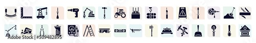 construction filled icons set. glyph icons such as mezzaluna, small crane, trucking, tubes hook, screwdriver pointing up, planer, dumpster, protection glasses, construction tools icon.