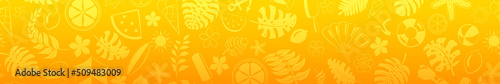 Banner of various items related to summer holidays at sea, in yellow colors, with seamless horizontal repetition