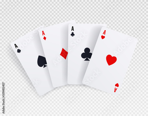 Playing cards set. Collection of aces of all stripes. Hearts, clubs, diamonds and spades. Poker or blackjack, gambling and entertainment on Internet, fortuna. Realistic isometric vector illustration