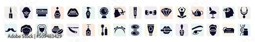 therapy filled icons set. glyph icons such as lipstick cosmetic, solarium, lotion bottle, wedding bow tie, tea pot, botox, face cream, flanges mascara, nail paint icon.