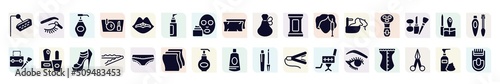 beauty kit filled icons set. glyph icons such as shower head, liquid soap, liquid makeup, makeup remover wipes, electric shaver for women, two nail polish, bobby pins, moisturizing lotion, eye make