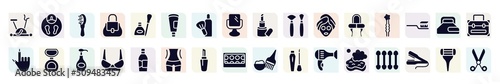 beautiful filled icons set. glyph icons such as excersive bike, inclined hairbrush, cream tube, makeup brushes, two hairpins, matte powder, women brassiere, lipstick with cover, bath sponge