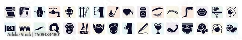 beauty and spa filled icons set. glyph icons such as roll on, gluteus, cotton swab, epilator, thigh, braces, mesotherapy, hipster, brachioplasty icon.