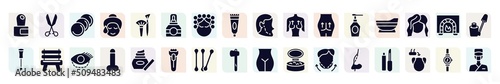 plastic surgery filled icons set. glyph icons such as cuticle, cotton discs, cologne, mastopexy, bathtube, wooden chair, , cotton buds, rhinoplasty icon.