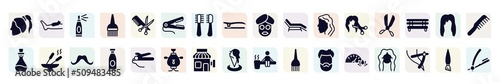 hair salon filled icons set. glyph icons such as ponytail hair, hairspray, hair straightener, sunbed, scissors badge, incense, lotion, barber, pressure icon.