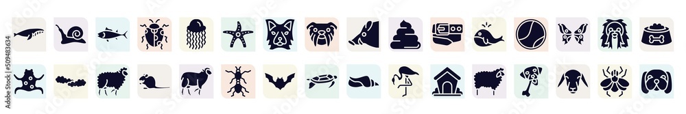 woof woof filled icons set. glyph icons such as whale swimming, big tuna, starfish with dots, pile of dung, tennis ball, cloudy sky, sitting mouse, plain bat, sheep with wool icon. woof woof filled icons set. glyph icons such as whale swimming, big tuna, starfish with dots, pile of dung, tennis ball, cloudy sky, sitting mouse, plain bat, sheep with wool icon.