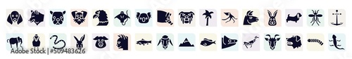 free animals filled icons set. glyph icons such as dog with floppy ears, face of staring dog, stingray with long tail, plain palm tree, rabbit head, sheep front view, kangaroo head, big salmon,