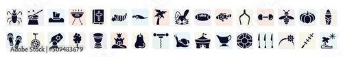 tropical filled icons set. glyph icons such as insect, napkin, cornucopia, rugby ball, dumbbell, unicycle, cotton candy, pear, lifesaver icon.