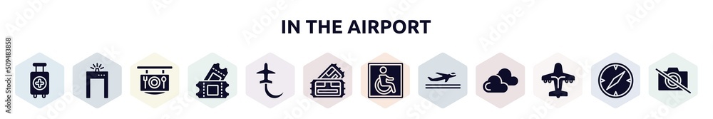 in the airport filled icons set. glyph icons such as medical, metal detector gate, restaurant, ticket card, planes circling, pair of cinema tickets, wheelchair accessible, departures, airliner, in the airport filled icons set. glyph icons such as medical, metal detector gate, restaurant, ticket card, planes circling, pair of cinema tickets, wheelchair accessible, departures, airliner,