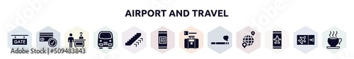 airport and travel filled icons set. glyph icons such as gate, credit cards accepted, customs control, bus service, ors up, qr code scan, left luggage, smoking, smartphone airplane mode