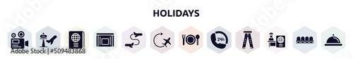 holidays filled icons set. glyph icons such as camera recorder, airport, international passport, sick bag, flight transfer, airplane, plate with fork and knife cross, 24 hours phone attention