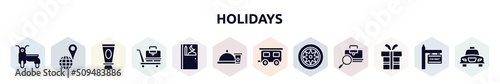 holidays filled icons set. glyph icons such as sidecar, geolocated place, skin sunscreen, baggage transportation over wheels cart, prayer room, snacks, house trailer, car parts, birthday gift,