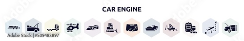 car engine filled icons set. glyph icons such as car trailer, hood open, truck cabin side view, helicopter side view, car lights, bulldozer side view, windscreen, sea scooter, train operator
