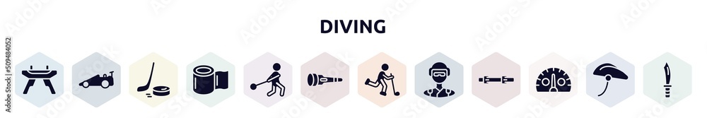 diving filled icons set. glyph icons such as pommel horse, drag racing, puck, elastic handwraps, hammer throwing, dive light, bowman, skydiver, kmh icon. diving filled icons set. glyph icons such as pommel horse, drag racing, puck, elastic handwraps, hammer throwing, dive light, bowman, skydiver, kmh icon.