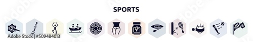 sports filled icons set. glyph icons such as crank arm, flyboard, yoga pose, bobsledding, sprocket, slim body, whey protein, canoeing, ringer icon.