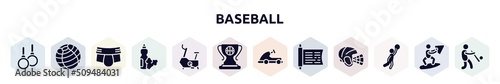 baseball filled icons set. glyph icons such as gymnastic rings, fitness ball, jockstrap, food and drink, stationary bicycle, champ, go kart, sacred scriptures, team player icon.