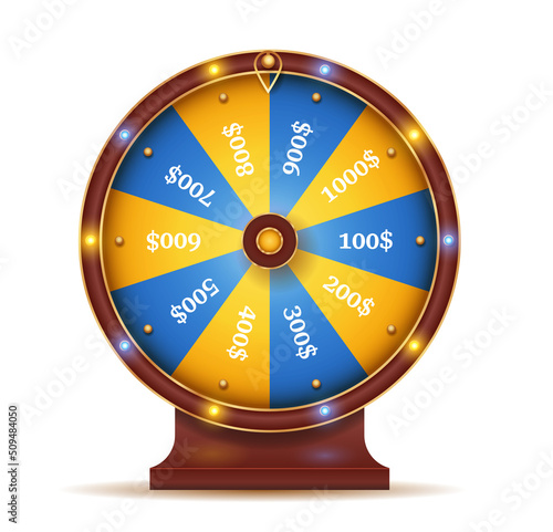 Fortune wheel spin. Blue and yellow circle with division into slots with money. Entertainment and gambling, prizes and lucky draw system. Graphic elements for website. Carton flat vector illustration
