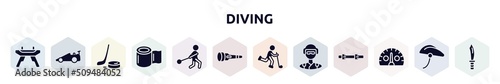 diving filled icons set. glyph icons such as pommel horse, drag racing, puck, elastic handwraps, hammer throwing, dive light, bowman, skydiver, kmh icon.