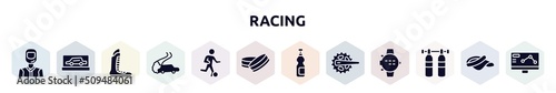 racing filled icons set. glyph icons such as drivers, backup car, boxing shoe, drifting, football players, hockey puck, isotonic, crank, gas cilinder icon.