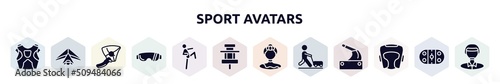 sport avatars filled icons set. glyph icons such as protector, hang gliding, hang glider, sport sunglasses, ritual, paddock, gymnast, farming and gardening, headgear icon.