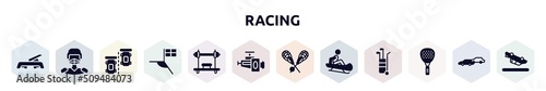 racing filled icons set. glyph icons such as fitness step, hockey player, parade lap, football flag, bench press, horsepower, lacrosse, sledding, padel icon.
